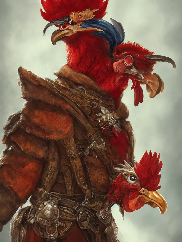 Image similar to portrait of an anthropomorphic rooster man dressed as a fantasy ranger by alex horely orlandelli, fantasy, artstation, d & d, smooth, illustration