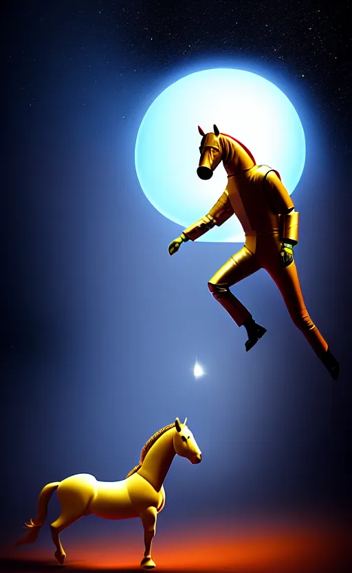 Image similar to man with a horse mask is dancing on crawling astronaut, concept art, fantasia photo