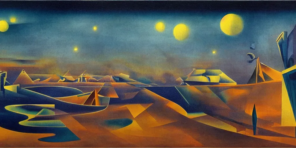 Prompt: a night landscape background in art deco surrealism expressionism