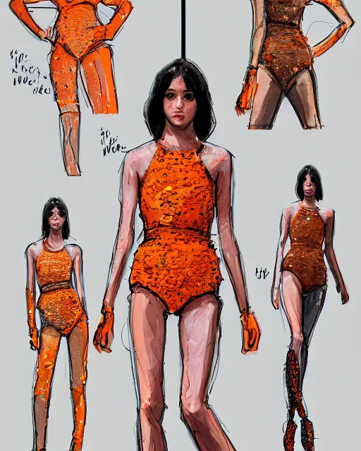 Prompt: multi panel storyboard of olivia wearing an outfit made of orange peels, runway model at new york fashion week, sporty physique, black hair, freckles, pale skin, half body shot, photo by greg rutkowski, stage lighting, soft colors, female beauty, intricate detail, elegance, 3 5 mm, depth of field, masterpiece