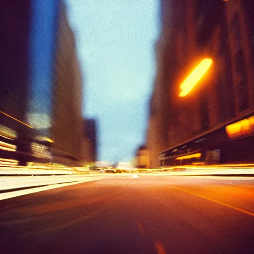 Prompt: kodak portra, overexposed shot of manhattan street, buzzing, motion blur, night, city lights, f 8, iso 8 0 0, grainy