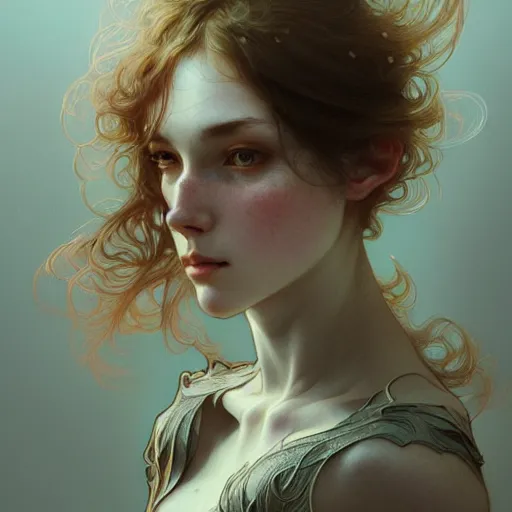 Image similar to A girl wearing psilocybin, face, detailed, intricate, elegant, highly detailed, digital painting, artstation, concept art, smooth, sharp focus, illustration, art by Krenz Cushart and Artem Demura and alphonse mucha