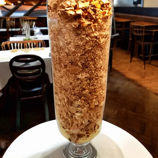 Prompt: 6 ft tall parfait in restaurant, surrounded by customers, flash photography
