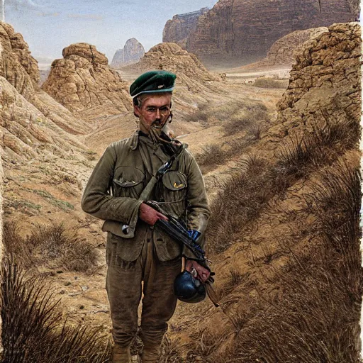 Prompt: a detailed photorealistic muted - color portrait painting of a 1 9 1 7 worried clean - shaven british lieutenant in field gear from the arab bureau in wadi rum, ultra realistic, intricate details, atmospheric, dark, brooding, highly detailed, by clyde caldwell