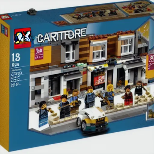 Image similar to Box art for a LEGO set of a gang confrontation in the streets