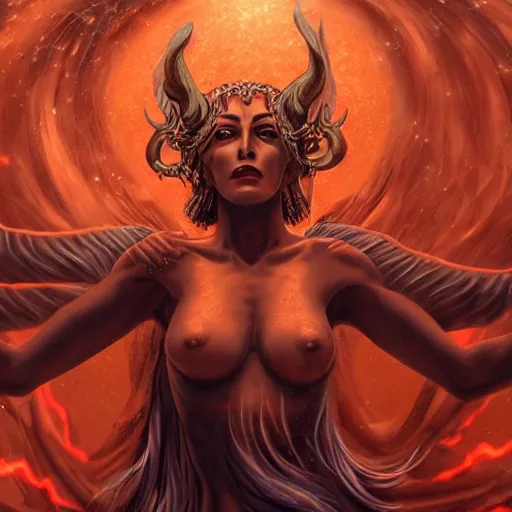 Image similar to majestic demonic goddess raises in triumph after conquering the world, intricate details, 4 k