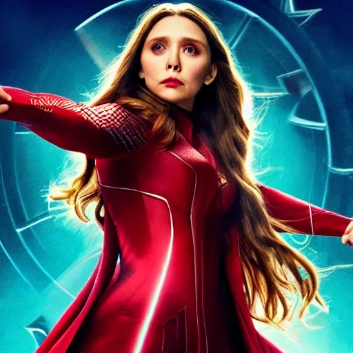 Prompt: movie poster!! [ scarlet witch emanates magic from her hands ]!! elizabeth olsen cast, trending on unsplash, 4 k photorealism, 4 k quality