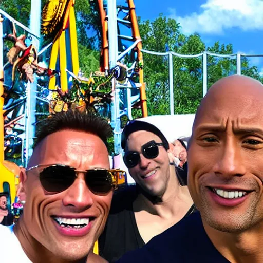 Image similar to dwayne Johnson and jerma985 selfie photograph at amusement park