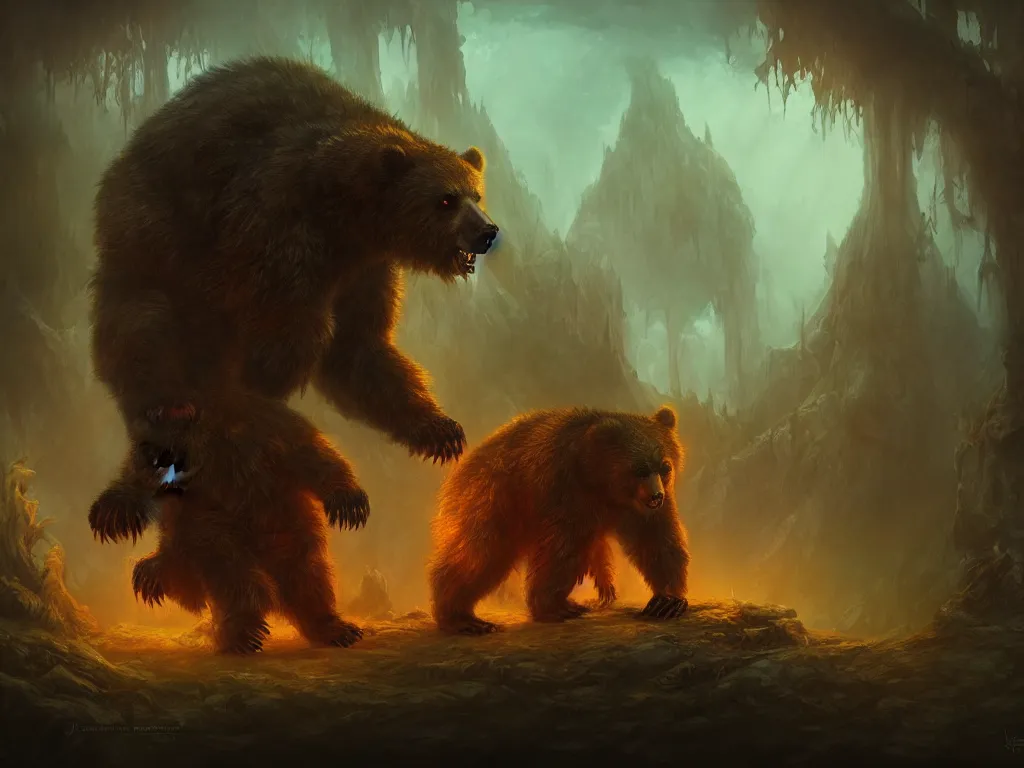 Prompt: demonic bear in a dream land, monster concept art, artstation, dynamic lighting, nightmare environment, inspired by witcher monsters, painted by justin gerard and daniel zrom and even amundsen