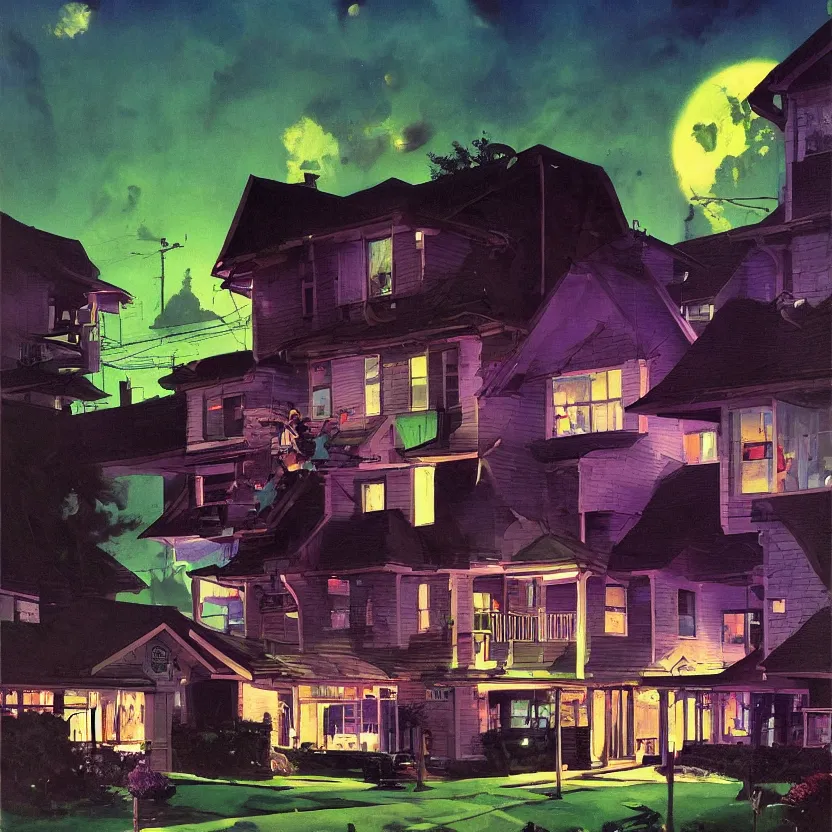 Image similar to a suburban neighborhood with deep green and purple glowing clouds. highly detailed science fiction painting by norman rockwell, frank frazetta, and syd mead. rich colors, high contrast, gloomy atmosphere, dark background. trending on artstation.