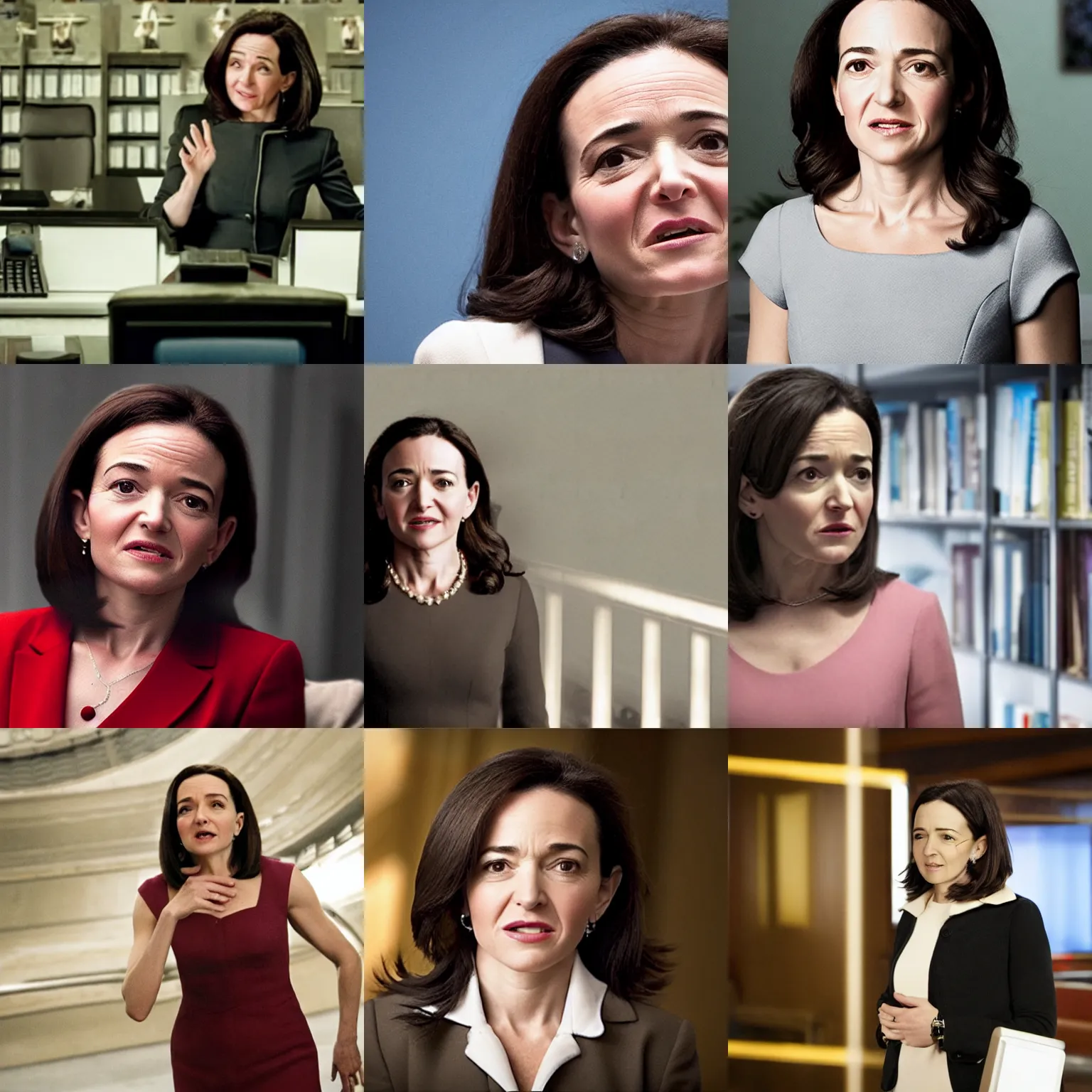 Image similar to Movie still of Sheryl Sandberg as a villain in movie Panopticon