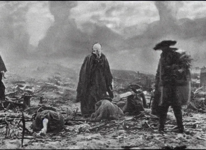 Prompt: scene from a 1910 post-apocalypse film