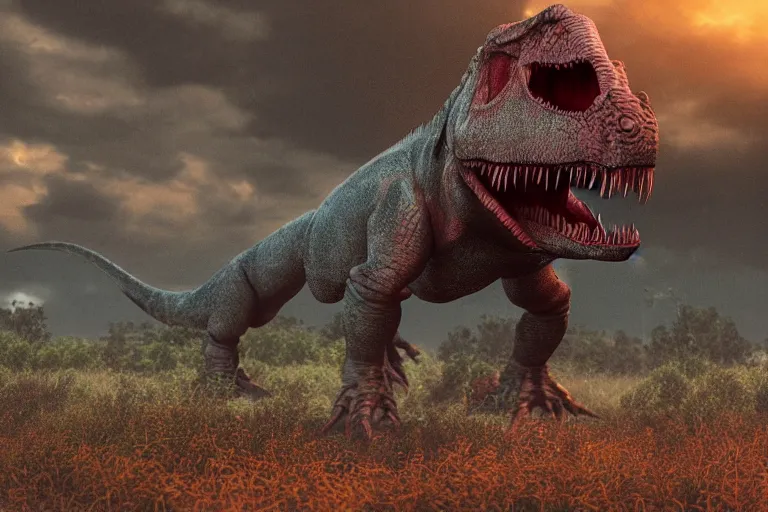 Prompt: Realistic, high quality photograph of a tired T-Rex dinosaur standing in the distance in the style of devilcore, gorecore, 3D render, blender render, realistic skin, twilight, glows, detailed, studio quality, HD image,