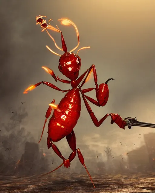 Prompt: an anthropomorphic fire ant fighting with a gun and a sword. Sharp focus, fantasy style, volumetric lighting, 8K hidg definition, highly detailed, trending on artstation