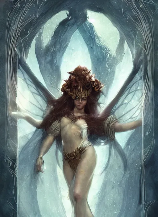 Image similar to tarot!!, fairy queen, fantasy medieval, no noise, elegant, concept art, sharp focus, beautiful face!!, digital art, smooth defined outlines!!, by Brom, trending on Artstation, Tom Bagshaw, Sargent