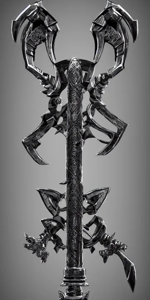 Image similar to a black and silver sword skull crest, weapon, a 3 d render by dom qwek, front side, concept art, trending on polycount, artstation, hard surface modeling, rendered in maya, zbrush, hd, vray, blizzard, symmetry