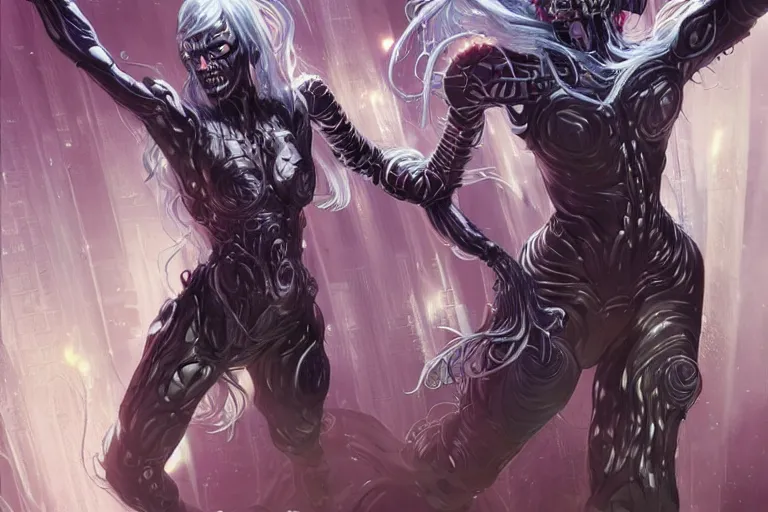 Image similar to comic art,Sprial, a gorgeous beautiful female six-armed Mutant and Cyborg Sorcerer with white hair long legs standing at a dimensional gateway,full character design,8k,art by Stanley Artgermm,Travis Charest,trending on Artstation,face enhance,hyper detailed,full of colour,cinematic,dynamic lighting