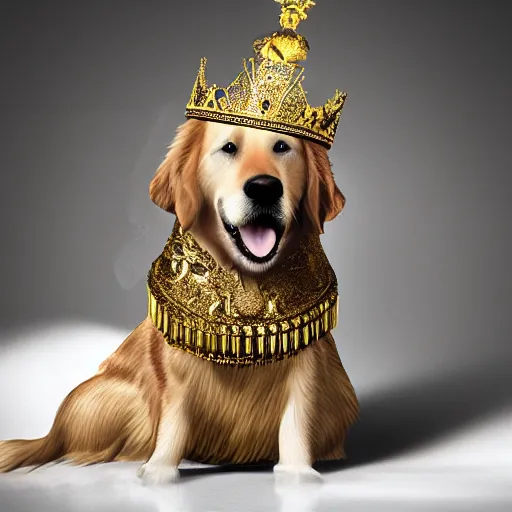 Prompt: Photomanipulation of golden retriver is dressed as a king, Royal standing, ultrarealism, photorealism, detailed, crown and gown