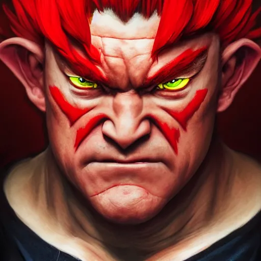 Image similar to david koechner as akuma street fighter, portrait, 4 k, ultra realistic, detailed focused art by artgerm and greg rutkowski and alphonse mucha