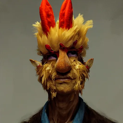 Image similar to scary portrait of an asian man dressed as a chicken, the chicken man, man dressed as a chicken, highly detailed painting by craig mullins, 8 k, man dressed as a chicken