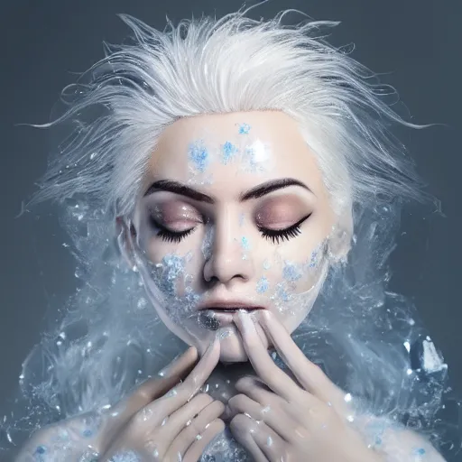 Prompt: female with pale eye lashes and brows, no makeup, inside glass sarcophagus, frost roses on glass, complex hyperdetailed technical suit. white hair flowing, cryo sleep, pale blue tint, sci - fi, futuristic, ultra realistic, wide angle.