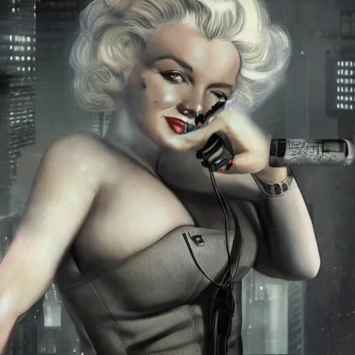 Image similar to marilyn monroe cyberpunk, cigarette dangling, grenade in hand, by pascal blanche, ultradetailed, 8 k