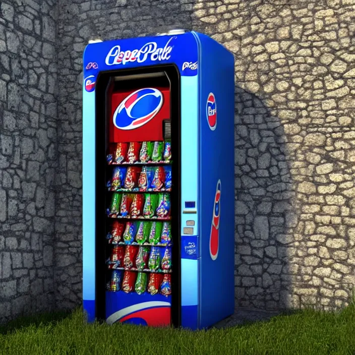 Image similar to pepsi vending machine outside a medieval house in a fantasy village. extremely high details, realistic, fantasy art, cinematic, octane render, volumetric lighting, depth of field, bokeh, masterpiece, artstation contest winner, art by johannen voss, frank frazetta