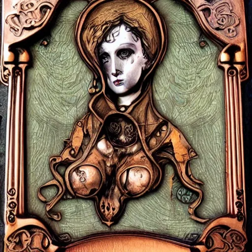 Image similar to steam _ girl _ memento _ mori _ gothic _ neo _ - _ gothic _ art _ nouveau _ hyperdetailed _ copper _ patina _ medieval _ icon _ philippe