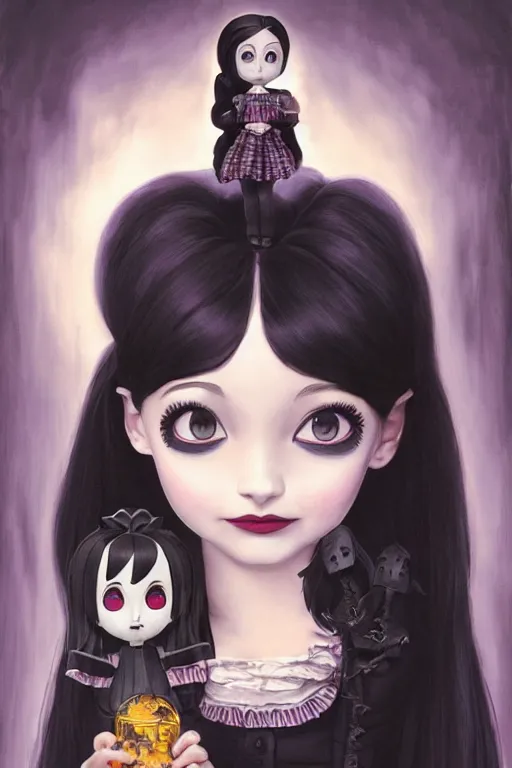 Prompt: beautiful cottagecore Ariana Grande as Wednesday Addams holding a Coraline doll, Black Hair, Goth, gothic, castlevania, intricate, elegant, highly detailed, digital painting, artstation, concept art, smooth, sharp, focus, illustration, art by artgerm and greg rutkowski and alphonse mucha