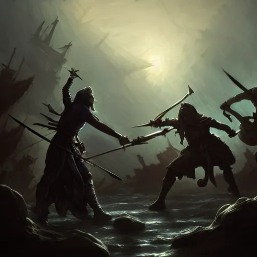 Image similar to D&D fantasy combat fighting blue specters on a shipwreck, intricate, elegant, highly detailed, D&D, digital painting, artstation, concept art, matte painting, sharp focus, illustration, extremely moody lighting, glowing light and shadow, atmospheric, shadowy, cinematic, in the style of Greg Rutkowski and artemisia gentileschi and Alphonse Mucha