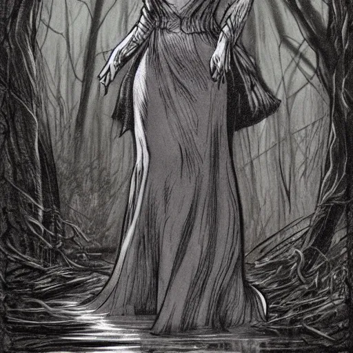 Image similar to tall slender woman with long grey hair in a black dress walking out of a swamp, concept art, high resolution, high quality, highly detailed, elaborate, by ec comics,