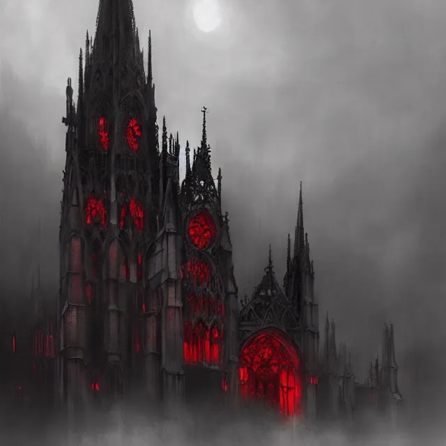 Prompt: a gothic cathedral in the clouds high quality, red glass windows, fog, gargoyle, dramatic realistic digital painting artem demura