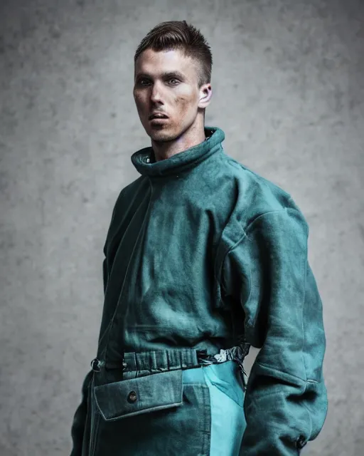 Prompt: an award - winning photo of a male model wearing a plain baggy teal distressed medieval designer menswear dutch police jacket slightly inspired by medieval armour designed by raf simons, 4 k, studio lighting, wide angle lens