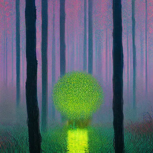 Image similar to A glowing forest by Simon Stålenhag and Claude Monet