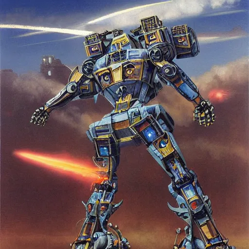 Image similar to combat mecha by gerald brom, chris foss