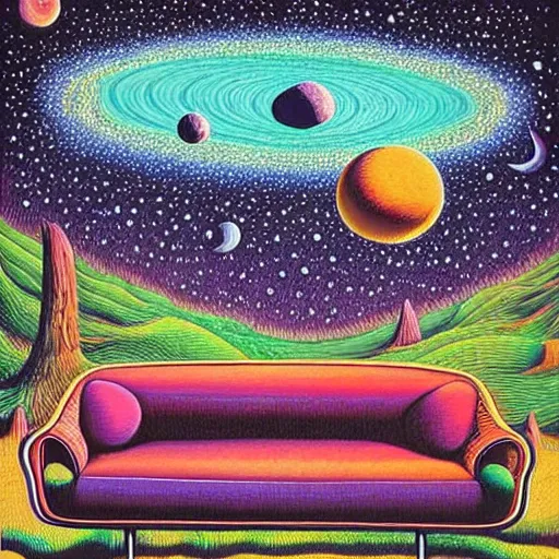 Prompt: psychedelic trippy couch in forest, planets, milky way, sofa, cartoon by rob gonsalves