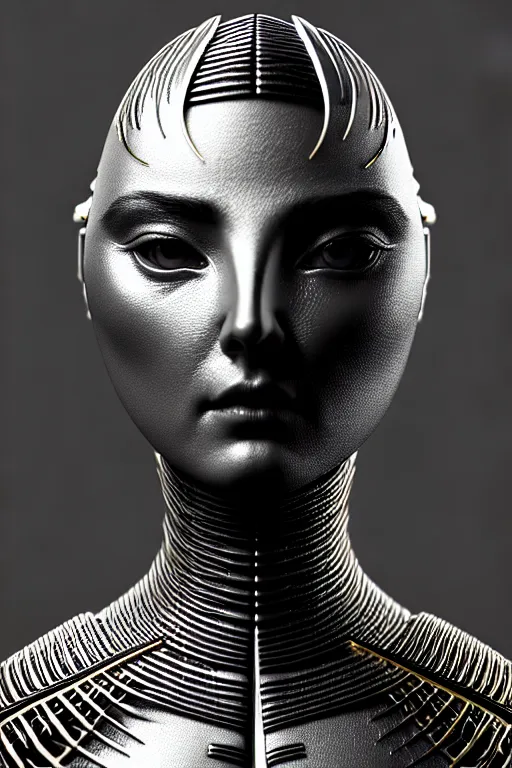 Image similar to bw contrasted close - up profile face, black background, beautiful young porcelain vegetal - dragon - cyborg - female, 1 5 0 mm, beautiful natural soft rim light, silver gold details, magnolia leaves and stems, roots, mandelbot fractal, elegant, ultra detailed, white metallic armour, octane render, h. r. giger style