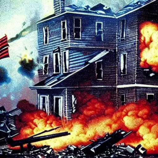 Prompt: color photo from the 80s, the shelling of a house in New York by Soviet soldiers, Many soldiers,epic style, a bunch of explosions, realistic style