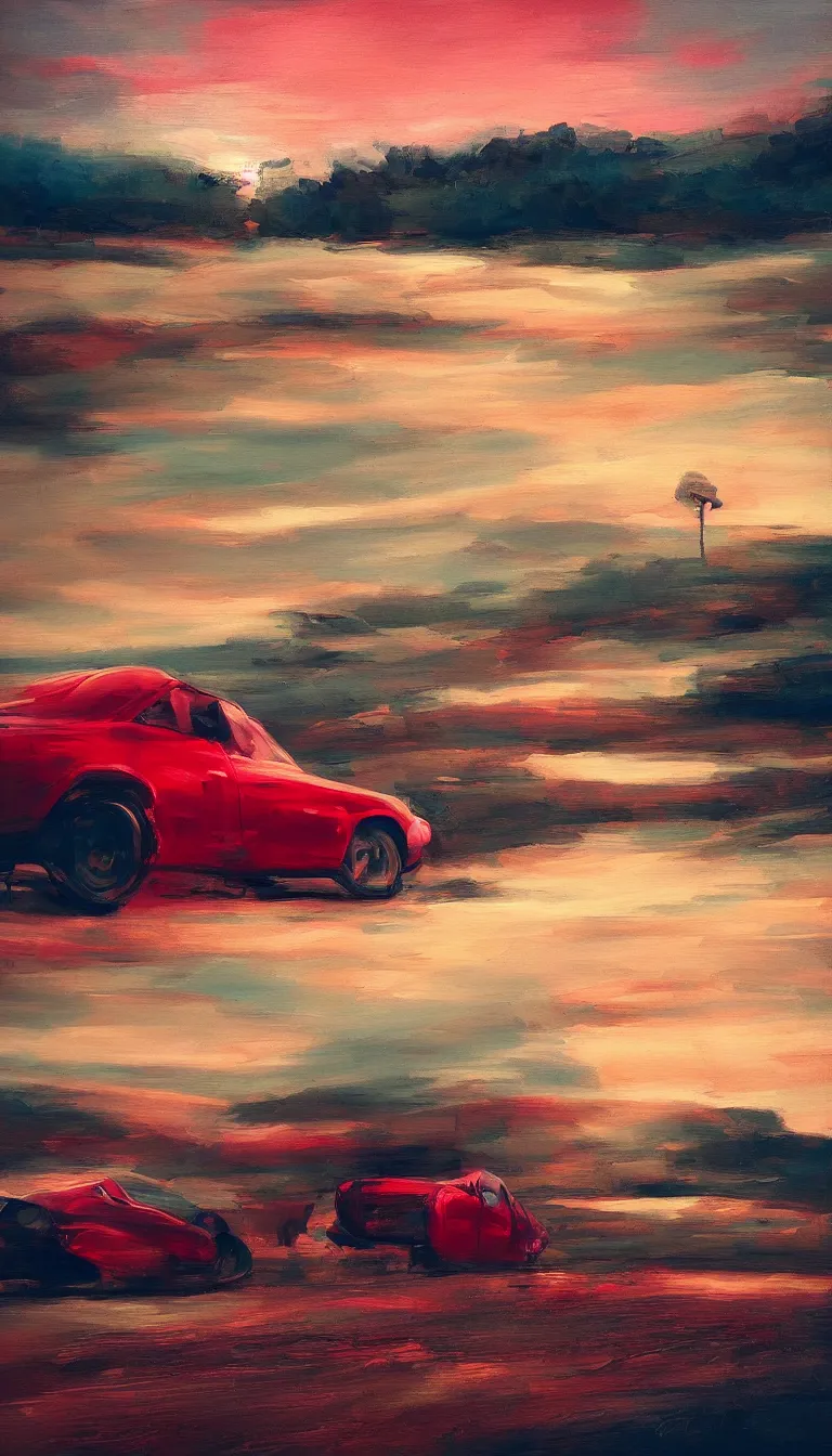 Prompt: amazing photography work of beautiful landscape, open field and red car, soft glow of light, vibrant cool color palette, masterpiece, art work by greg rutsowski, high details, very sharp