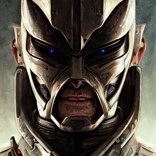 Image similar to Portrait of an alien man by Greg Rutkowski, hard predatory look pointed ears, prominent jaw and visible fangs, wearing a futuristic space tactical gear that looks like a mix between the samurai, viking and templar aesthetics, mix between tribal and hi-tech, highly detailed portrait, scifi, space opera, digital painting, artstation, concept art, smooth, sharp foccus ilustration, Artstation HQ