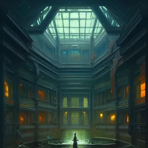 Image similar to professional ominous concept art architecture of a dark room with an indoor pond by artgerm and greg rutkowski. an intricate, elegant, highly detailed digital painting, concept art, smooth, sharp focus, illustration, in the style of simon stalenhag, wayne barlowe, and igor kieryluk.