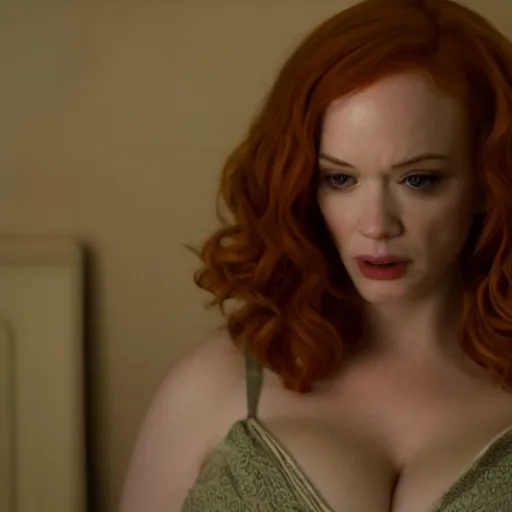 Image similar to amazing beautiful Christina Hendricks with an amazed look on her face in the living room, film still from the movie directed by Denis Villeneuve , wide lens