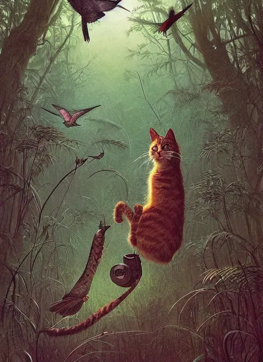 Image similar to a hyper realistic illustrated cat with playing with a hummingbird on its paw in the woods gorgeous lighting, lush forest foliage painting by chiara bautista and beksinski and norman rockwell and greg rutkowski weta studio, and lucasfilm