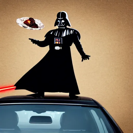 Prompt: darth vader throwing food on a car, throwing food on car windshield