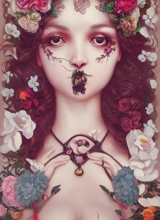 Prompt: pop surrealism, lowbrow art, realistic seductive cute woman painting, body harness, japanese shibari with flowers, hyper realism, muted colours, rococo, natalie shau, loreta lux, tom bagshaw, mark ryden, trevor brown style,