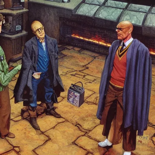 Image similar to Harry Potter and Walter White, artwork by Earl Norem,