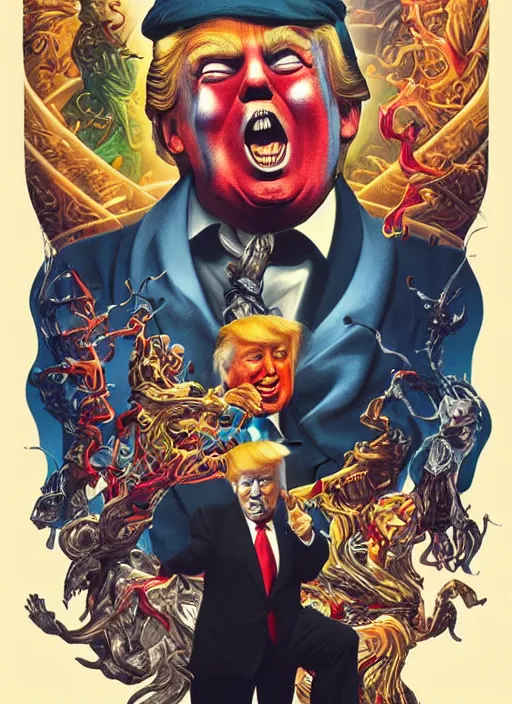 Image similar to donald trump is a disgusting clown, grotesque, horror, high details, intricate details, by vincent di fate, artgerm julie bell beeple, inking, vintage 90s print, screen print