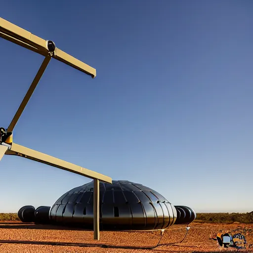 Prompt: flying robotic drone 3d printer, giant extrusion nozzle printing an earthship house frame in the australian desert, XF IQ4, 150MP, 50mm, F1.4, ISO 200, 1/160s, dawn