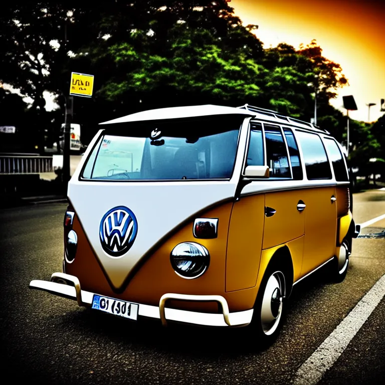 Image similar to close-up-photo VW beech buggy middle of street, sunset kanagawa prefecture, night, cinematic color, photorealistic, highly detailed,