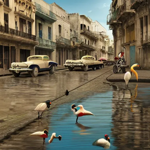 Prompt: spoonbills, toucans, and hornbills in old havana by bo bartlett, realistic 3 d, hyperrealistic, super detailed, octane render, 8 k, depth of field, glossy surface, liquid texture, trending on behance, cgsociety, cinematic lighting